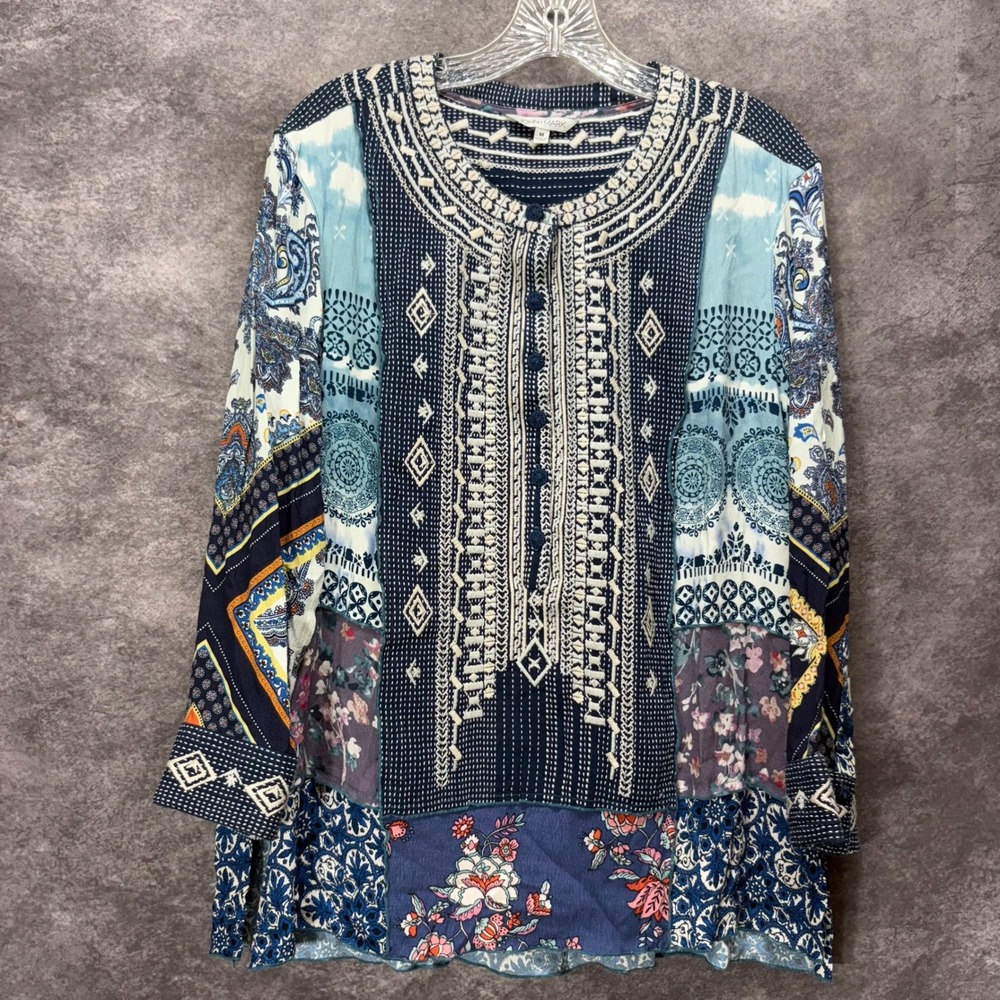 John Mark Boho Mixed Print Embroidered Peasant‎ Blouse Top Size M Blue Mandala